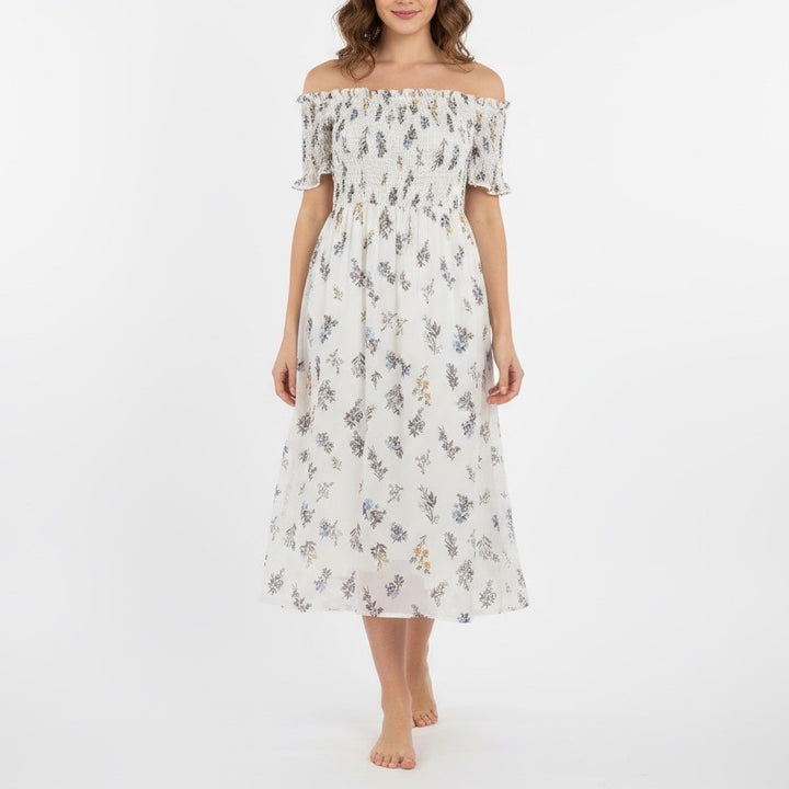 AQUA Smocked Off Shoulder Floral Midi Dress White Blue Yellow Size S