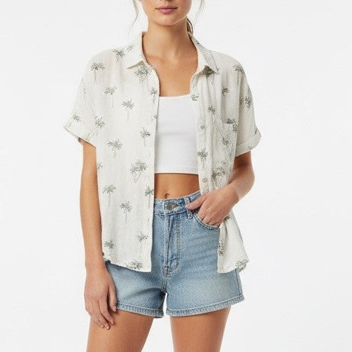 Rails Whitney Sketched Palm Tree Linen Blend Button Down Shirt Size M