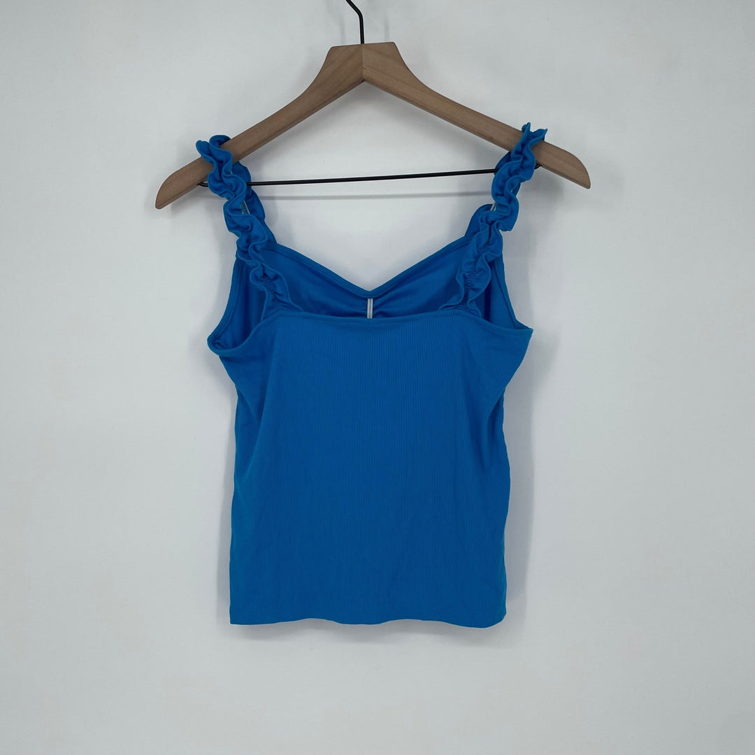 BP Ribbed Tank Top Blue Ruffle Strap Ruched V Neck Size M