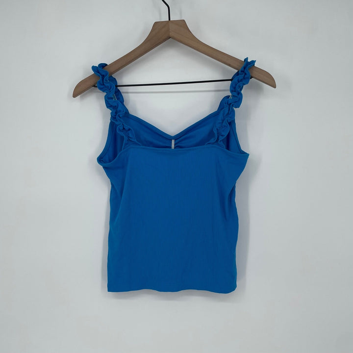 BP Ribbed Tank Top Blue Ruffle Strap Ruched V Neck Size M