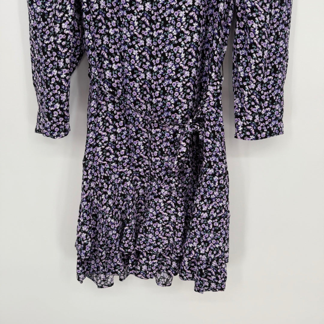 ZARA Floral Print Long Sleeve Wrap Dress Purple Black Size S