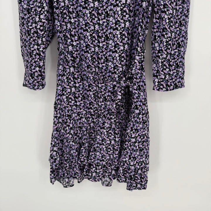 ZARA Floral Print Long Sleeve Wrap Dress Purple Black Size S