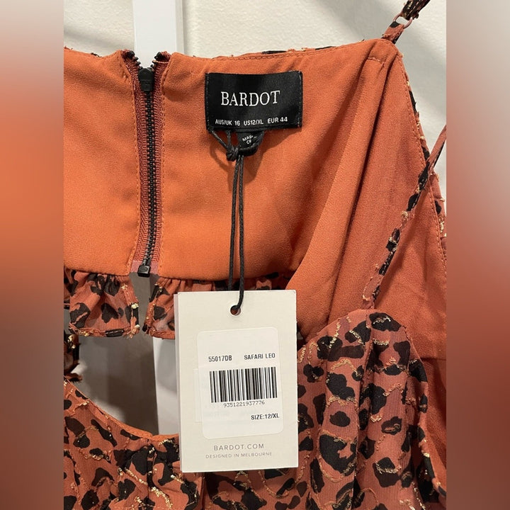 Bardot Leopard Frill Cut Out Mini Dress Size 12/XL