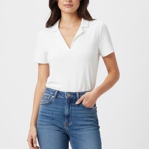 Hilary Radley White Short Sleeve Collared V Neck Blouse Top Size S