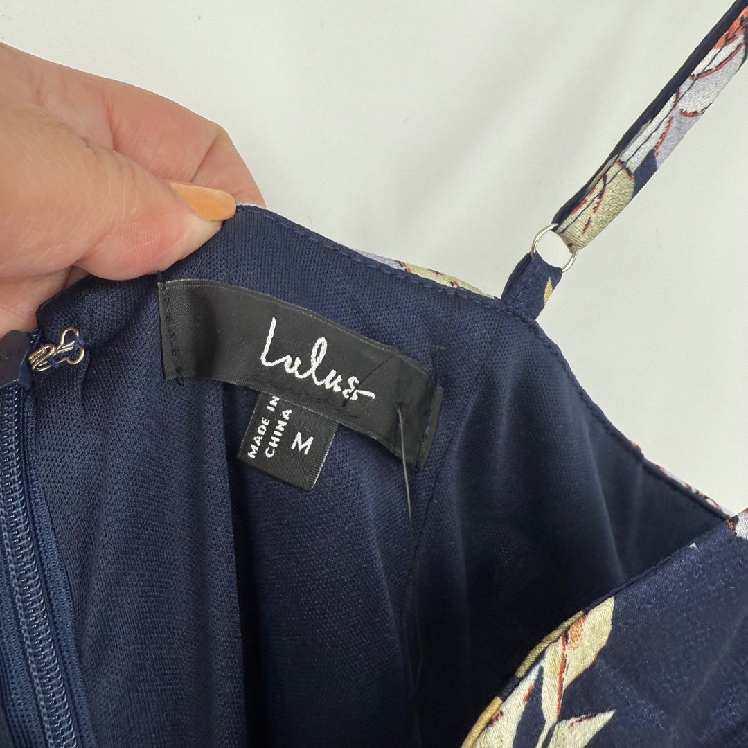 Lulus My Favorite Day Navy Blue Floral Print Tulip Skirt Midi Dress Size M