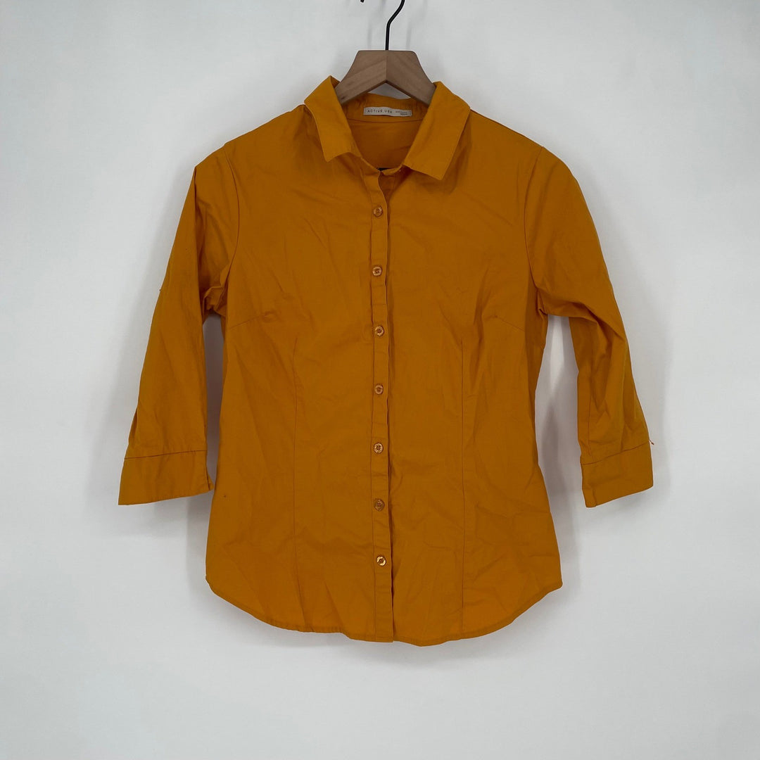 Active Usa Mustard Yellow 3/4 Sleeve Collared Button Up Shirt Medium