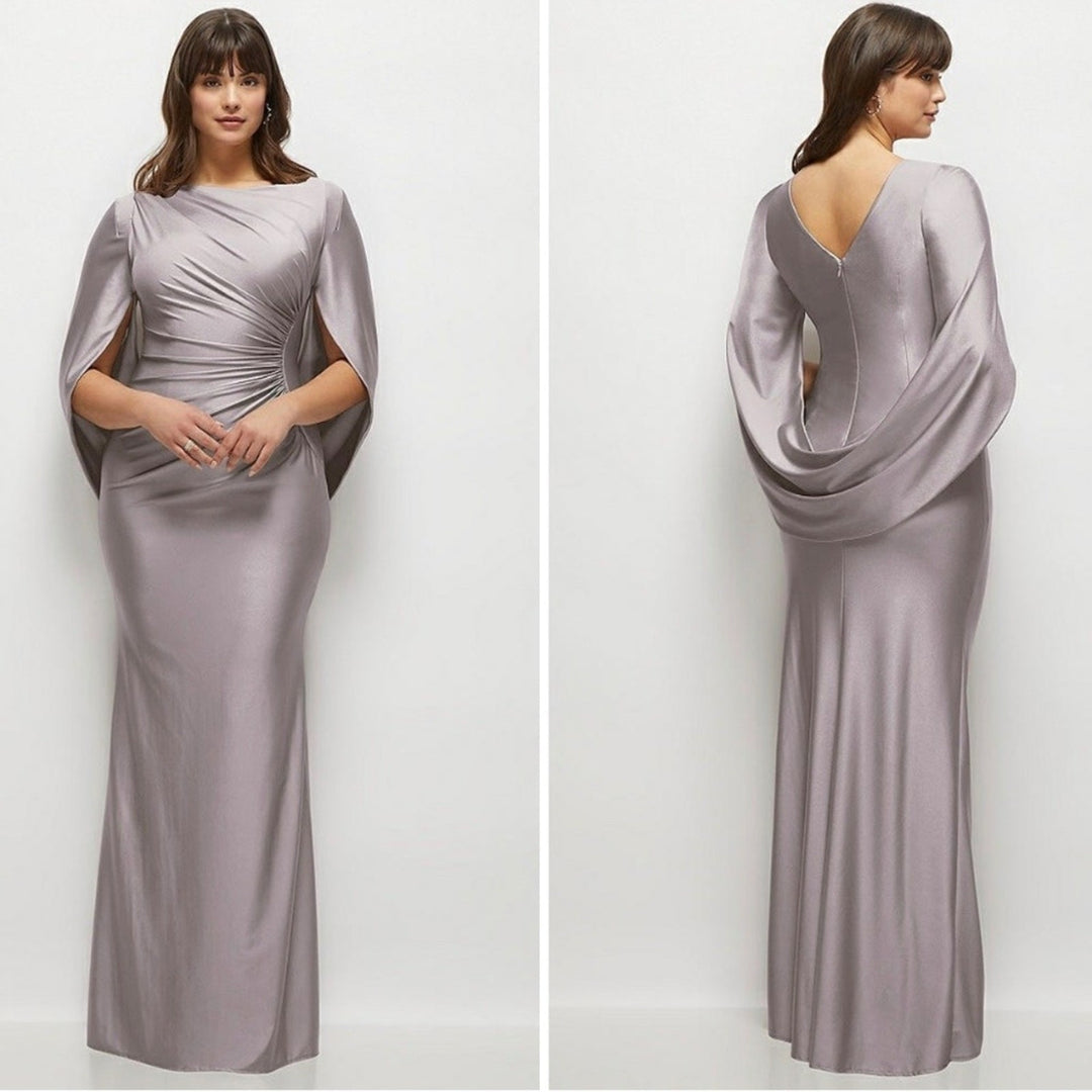 After Six Draped Stretch Satin Maxi Dress With Built-In Capelet Size S