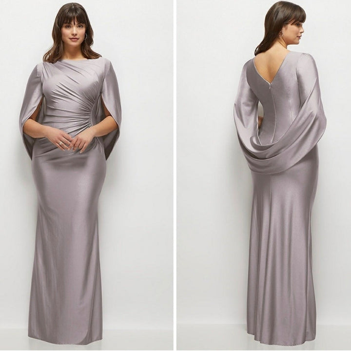After Six Draped Stretch Satin Maxi Dress With Built-In Capelet Size S