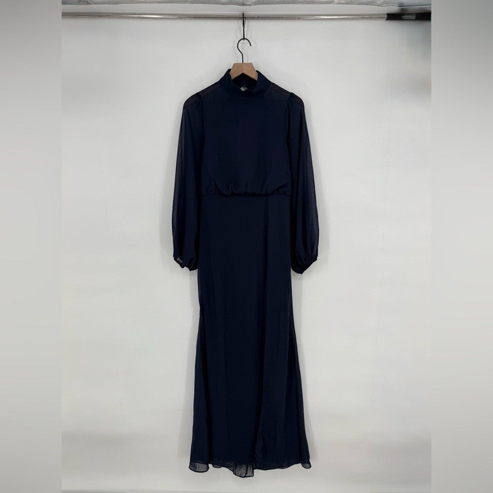Lulus Graceful Entrance Navy Blue Long Sleeve Backless Maxi Dress Size L