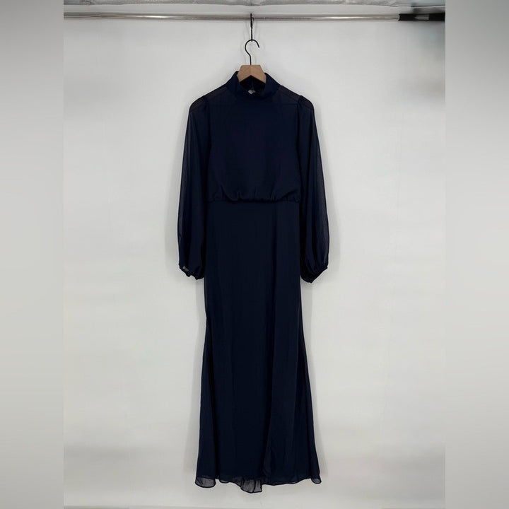 Lulus Graceful Entrance Navy Blue Long Sleeve Backless Maxi Dress Size L