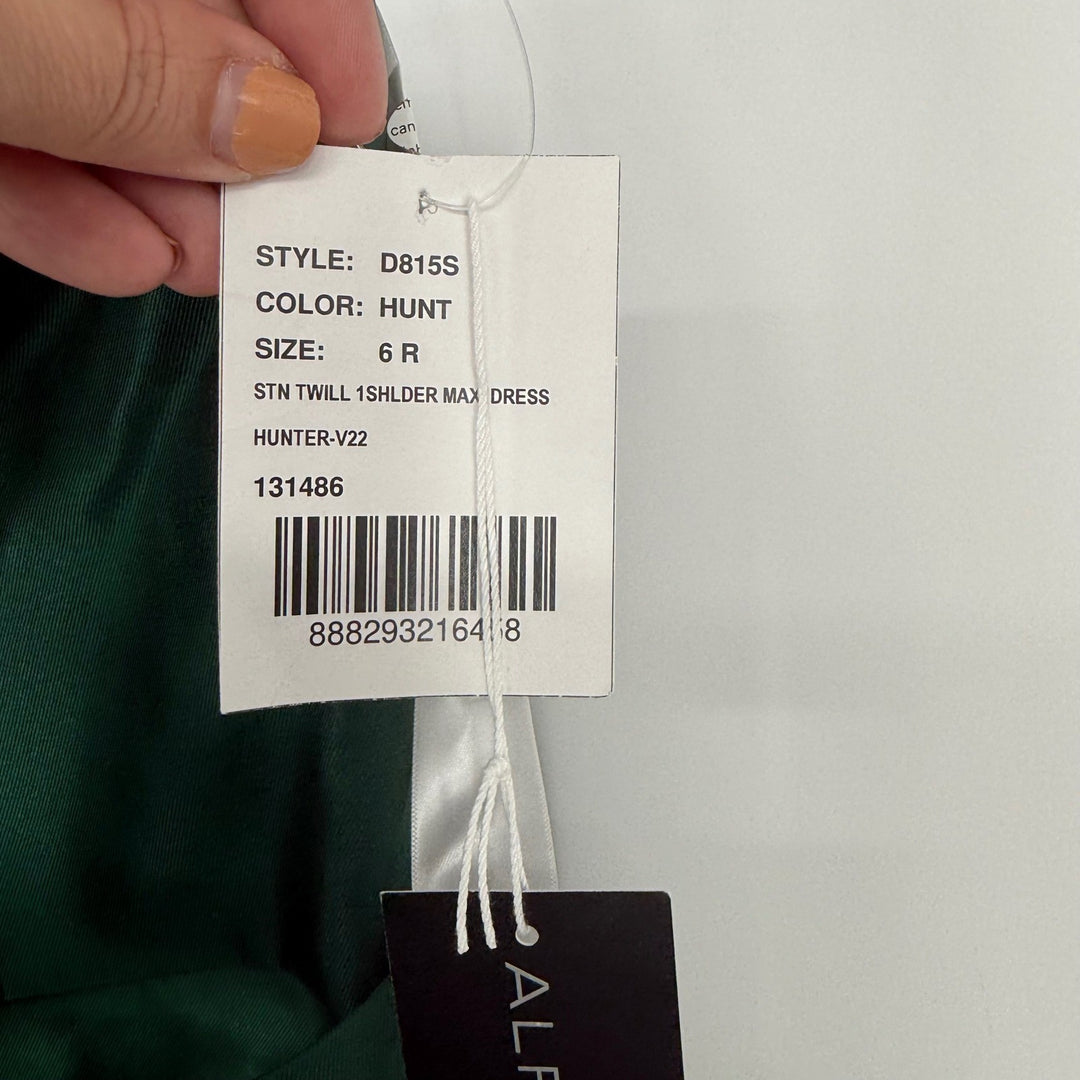 Alfred Sung Draped One-Shoulder Satin Maxi Dress With Pockets Size 6