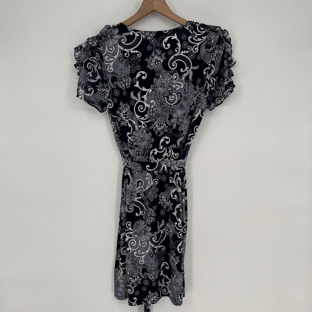 Glamour Women's Navy Blue White Paisley Print Wrap Dress Ruffle Sleeve Size 8