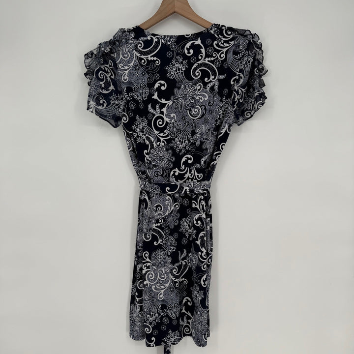 Glamour Women's Navy Blue White Paisley Print Wrap Dress Ruffle Sleeve Size 8