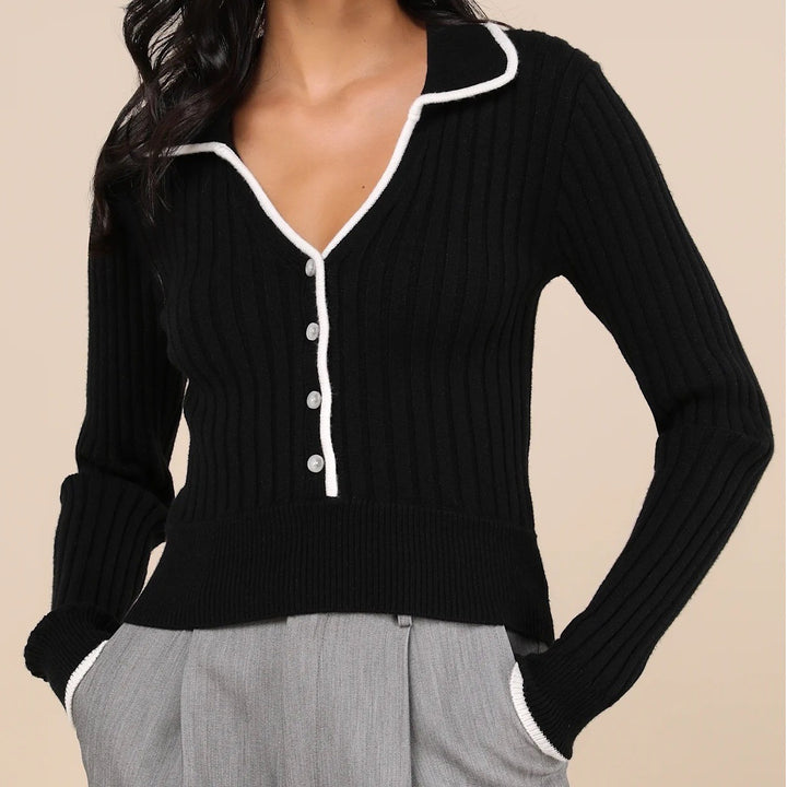 Lulus Black Ribbed Collared Button Up Cardigan Sweater Cream Trim Size M