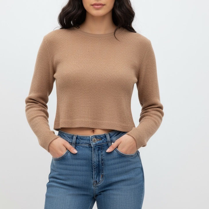 ZARA Ribbed Knit Cropped Sweater Camel Long Sleeve Size S