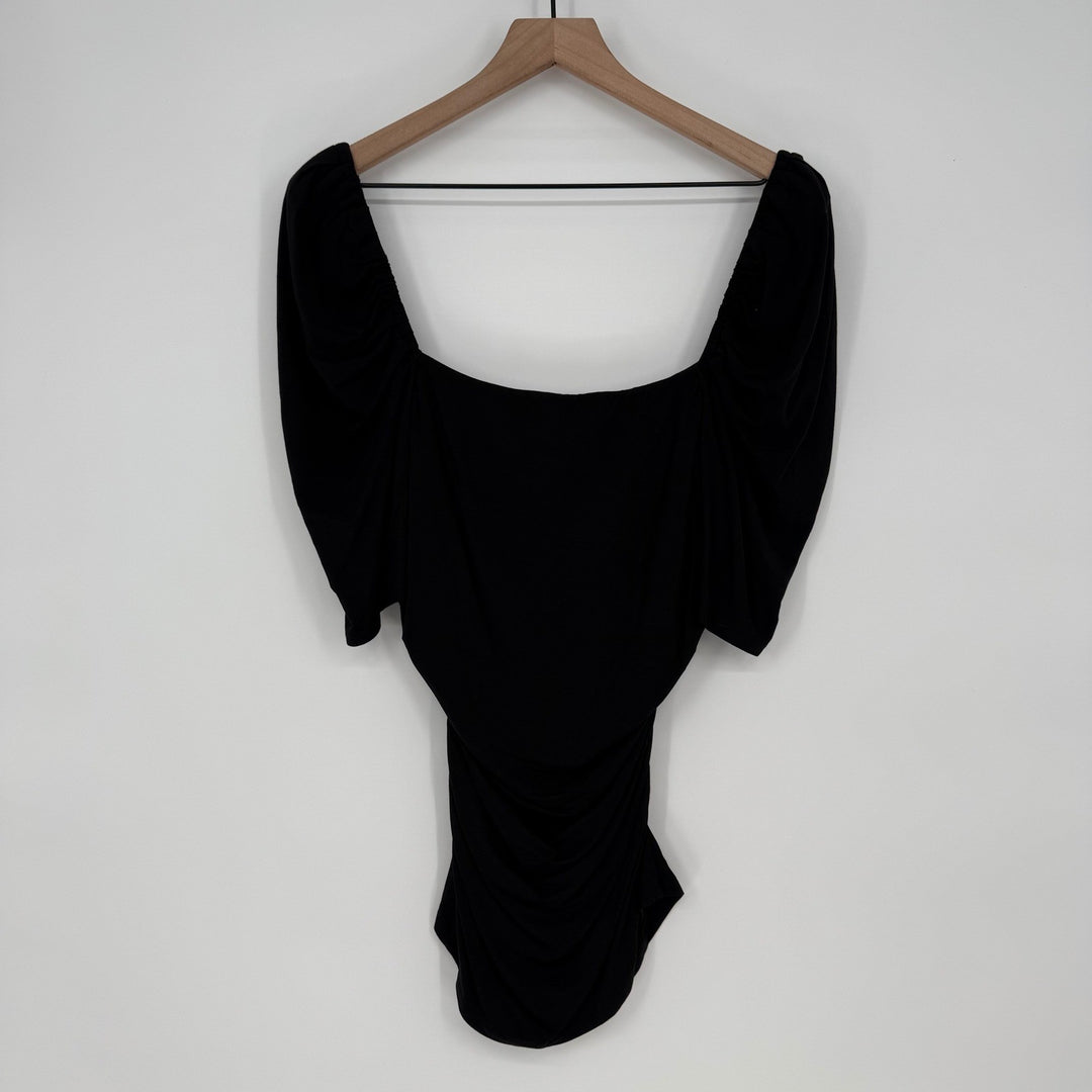 FRAME Betty Knitted Black Noir Square Neck Ruched Puff Sleeve Top Size L