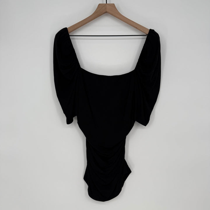 FRAME Betty Knitted Black Noir Square Neck Ruched Puff Sleeve Top Size L