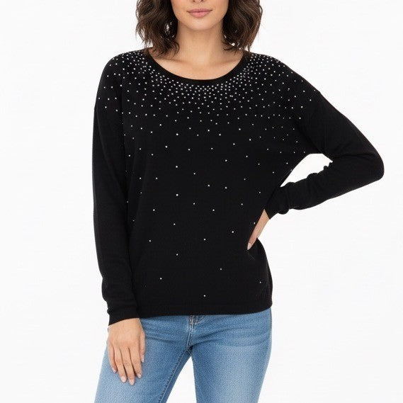 Joie Black Sparkle Sequin Embellished Crew Neck Sweater Size L