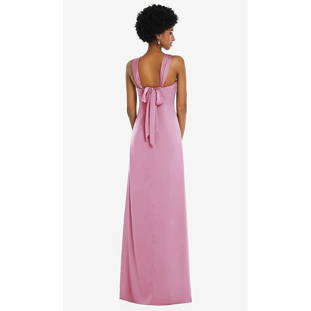 Dessy Collection Draped Satin Grecian Column Gown With Convertible Straps
