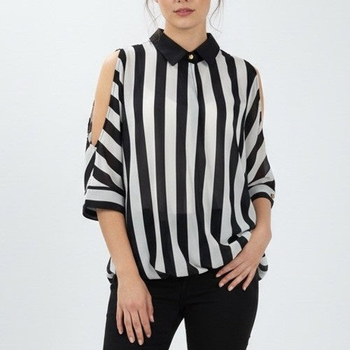 Line & Dot Black White Stripe Cold Shoulder Collared Blouse XS