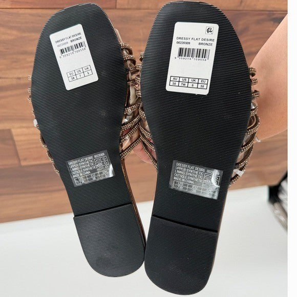 City Chic Bronze Embellished Knot Detail Slide Sandals Women's Size 7W