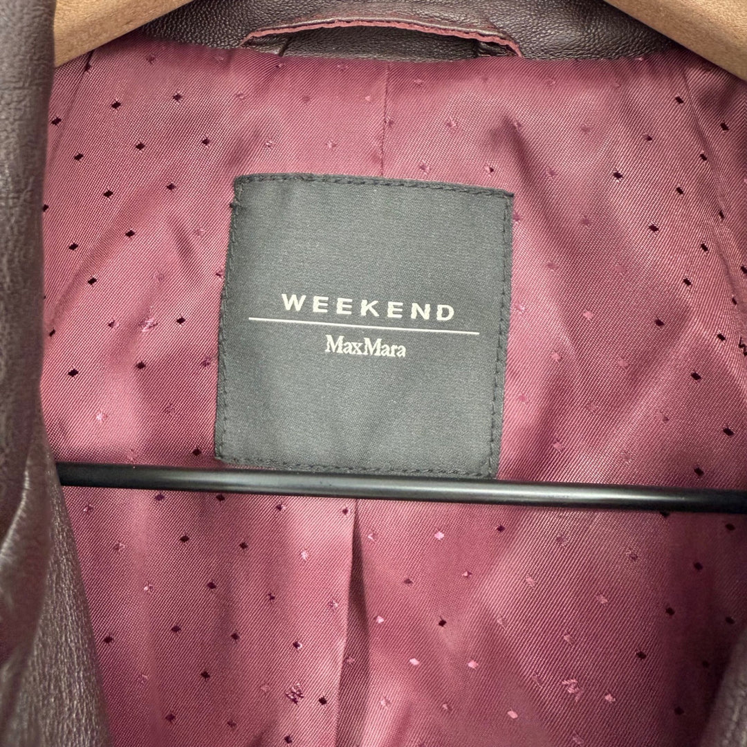 Weekend Max Mara Womens Leather Moto Jacket Burgundy Asymmetrical Zip Moto Style