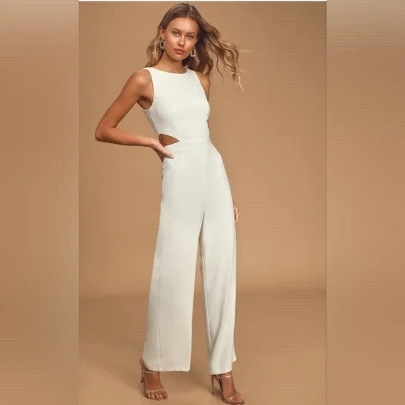 Lulus Moments To Remember White Sleeveless Wide-Leg Cutout Jumpsuit Size M