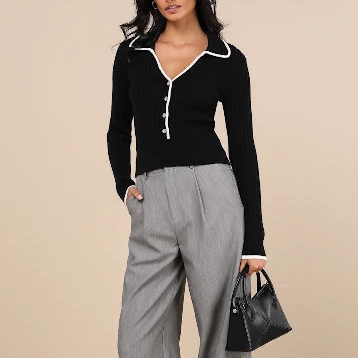 Lulus Black Ribbed Collared Button Up Cardigan Sweater Cream Trim Size M