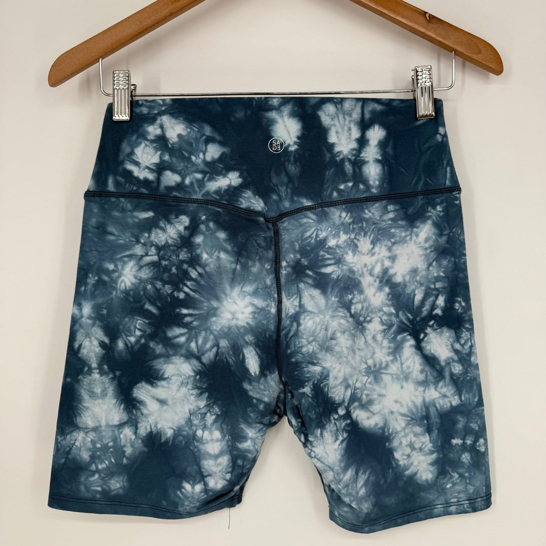 Sage Collective Medium Bike Shorts Tie Dye Blue White High Waist Activewear