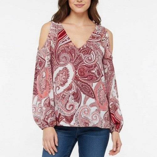 Soho New York & Company Jeans Cold Shoulder Paisley Print V Neck Blouse XS