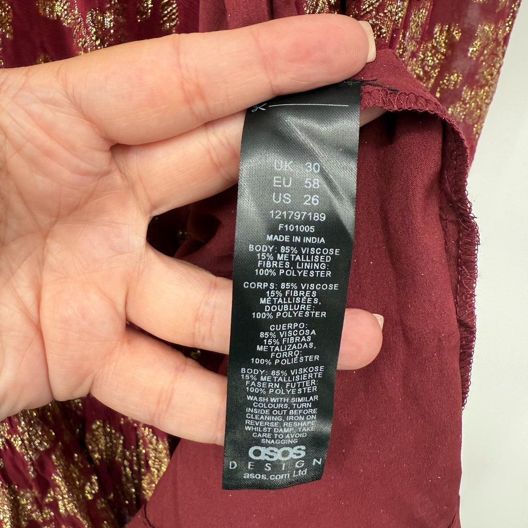 Asos Curve Maxi Dress Womens 26 Multicolor Metallic Gathered Waist Front Slit