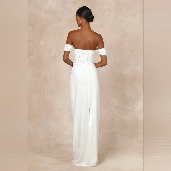 Lulus Immensely Charming White Mesh Pearl Bustier Maxi Dress Size L