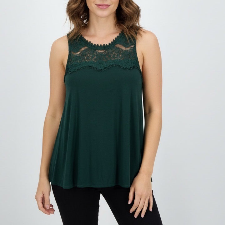 Elodie Dark Green Lace Yoke Tank Top Size S Sleeveless