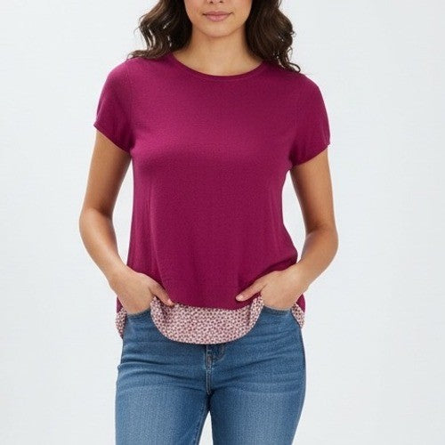 Ann Taylor Petite Short Sleeve Knit Top with Printed Layered Hem Size SP