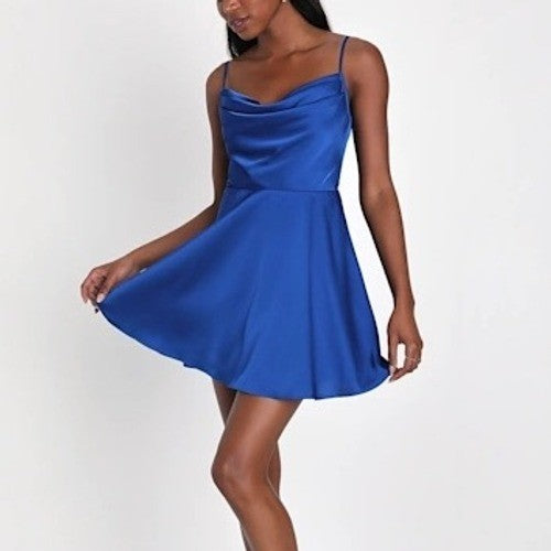 Lulus Fanciful Flirt Royal Blue Satin Cowl Neck Skater Mini Dress Size S