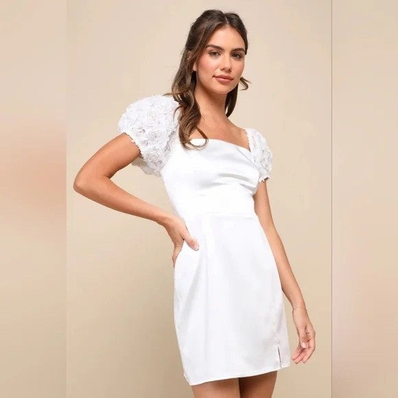 Lulus Precious Enchantment White Satin Floral Puff Sleeve Mini Dress Size S
