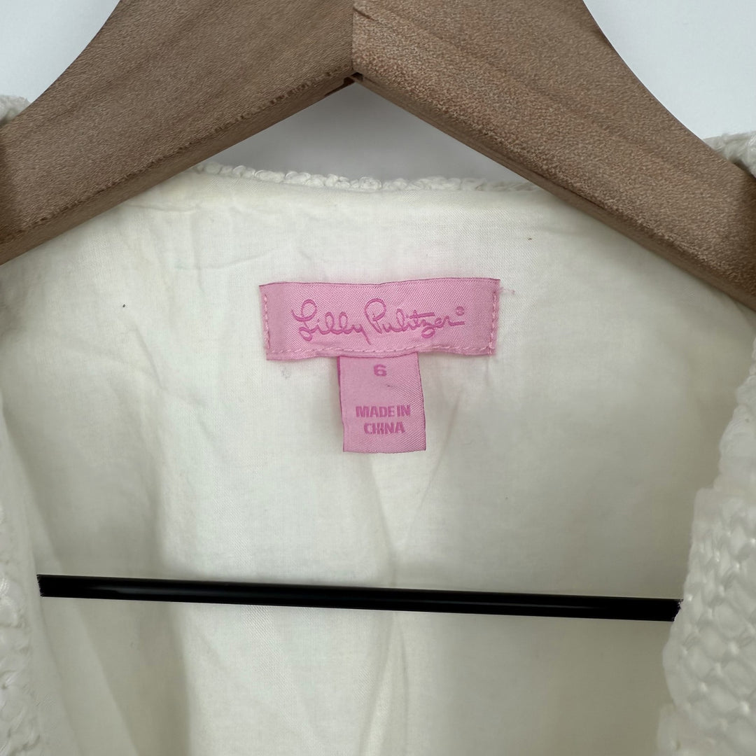 Lilly Pulitzer Wrap Dress Womens 6 Beige Eyelet Lace Overlay Cotton Belted Lined