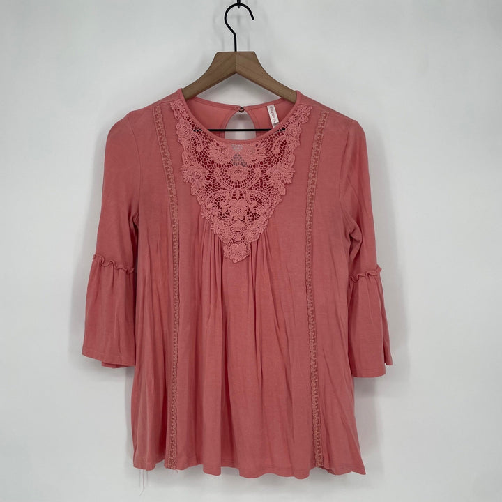 Xhilaration Coral Pink Lace Yoke Bell Sleeve Top Women's XS