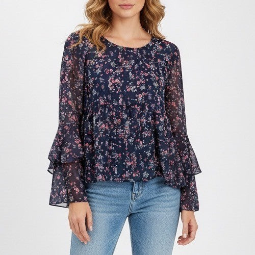 Crave Famous Navy Floral Bell Sleeve Peasant Blouse Top XL