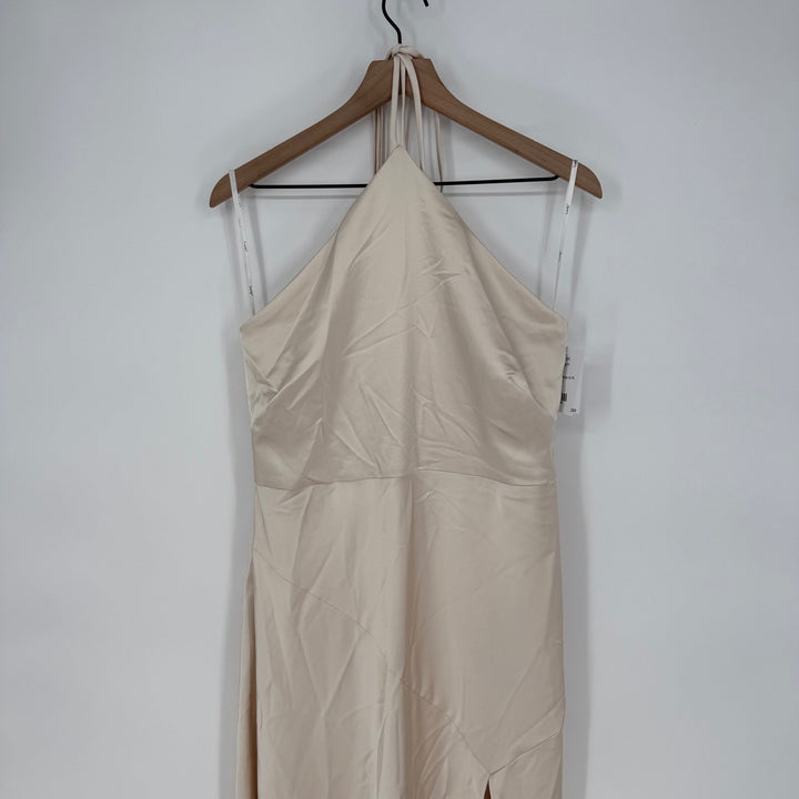 Lovely new beige satin halter bias cut asymmetric flowy maxi dress size L