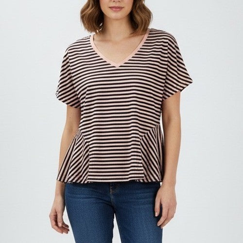 BP. Striped Peplum V Neck T Shirt Top Pink Black Womens Size S