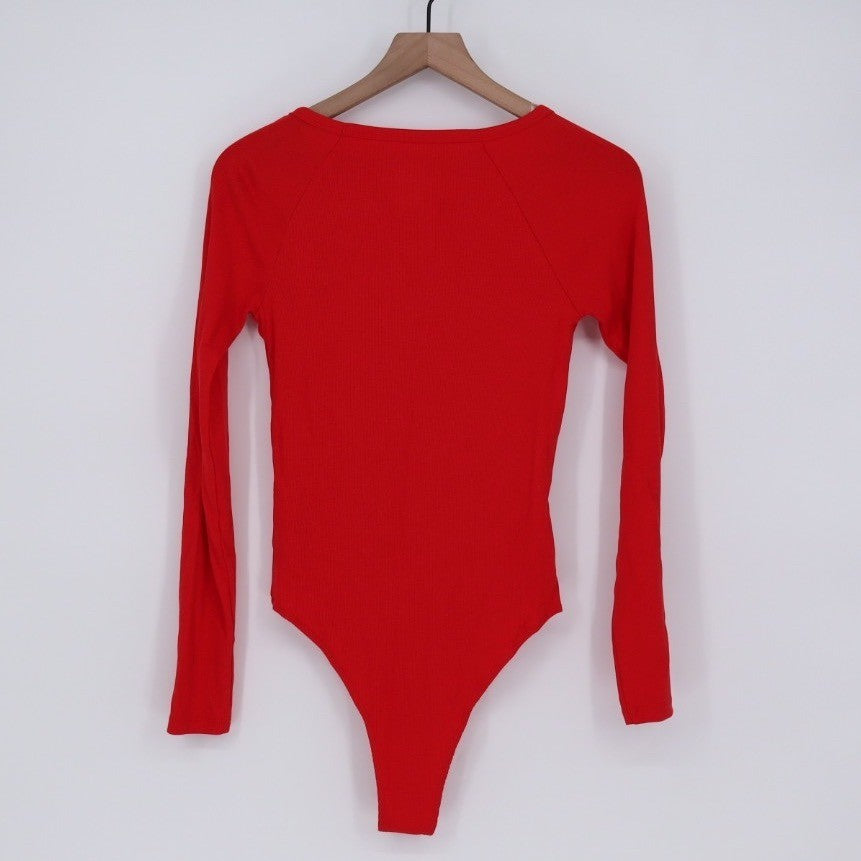 A New Day Ribbed Long Sleeve Scoop Neck Red Bodysuit Size Small