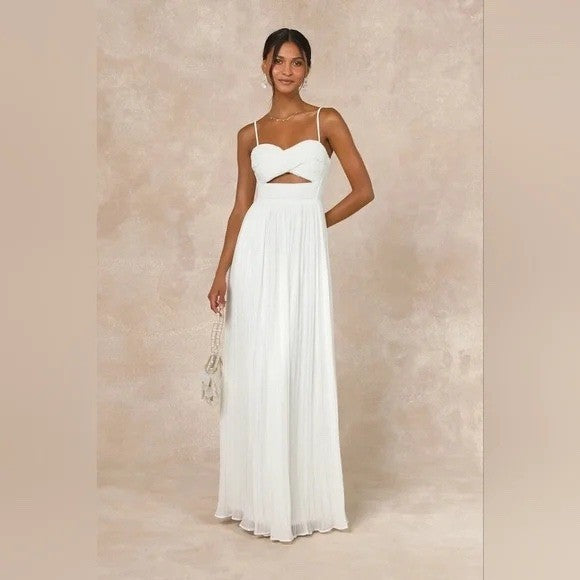 Lulus Glorious Elegance White Pleated Sleeveless Lace-Up Maxi Dress Size M