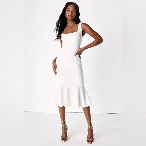 Lulus Moment Maker White Square Neck Trumpet Midi Dress Size M