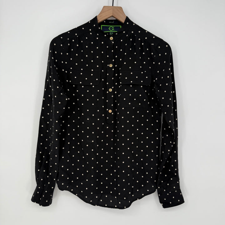 Wonder Stripe Polka Dot Silk Band Collar Button Up Blouse XS Black