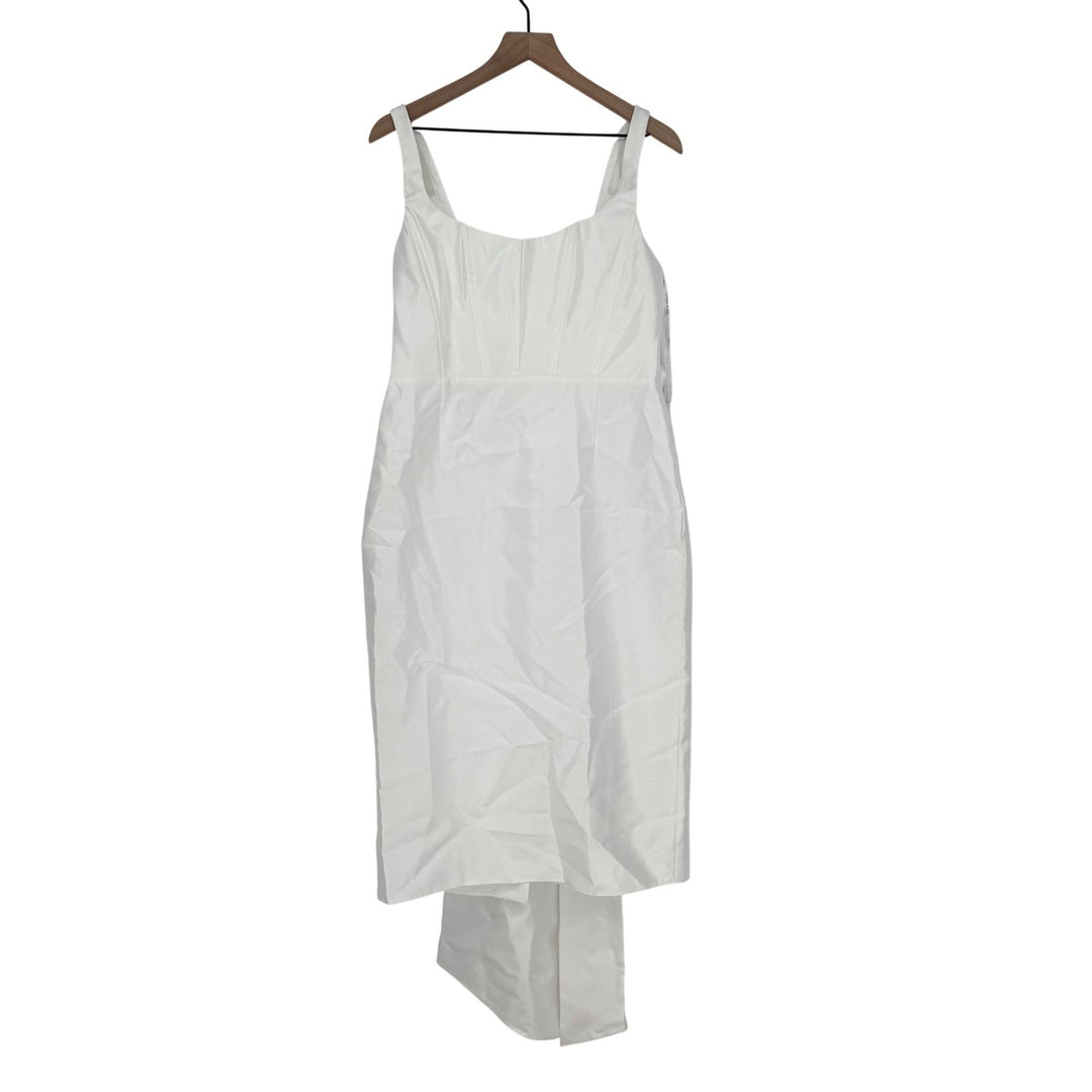 Alfred Sung Scoop Neck Corset Satin Midi Dress With Floor-Length Bow Tails White