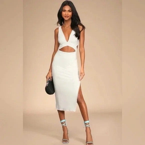 Lulus Cream Sleeveless Midi Dress Cutout Twist Front Ribbed Knit Womens