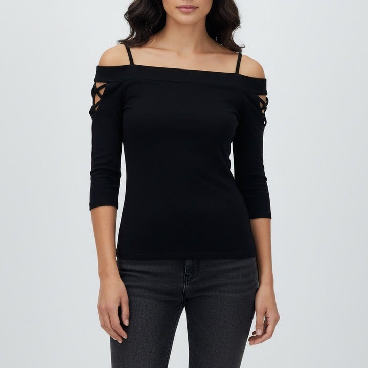Express Black Cold Shoulder Cutout Strappy 3/4 Sleeve Top Shirt Size S