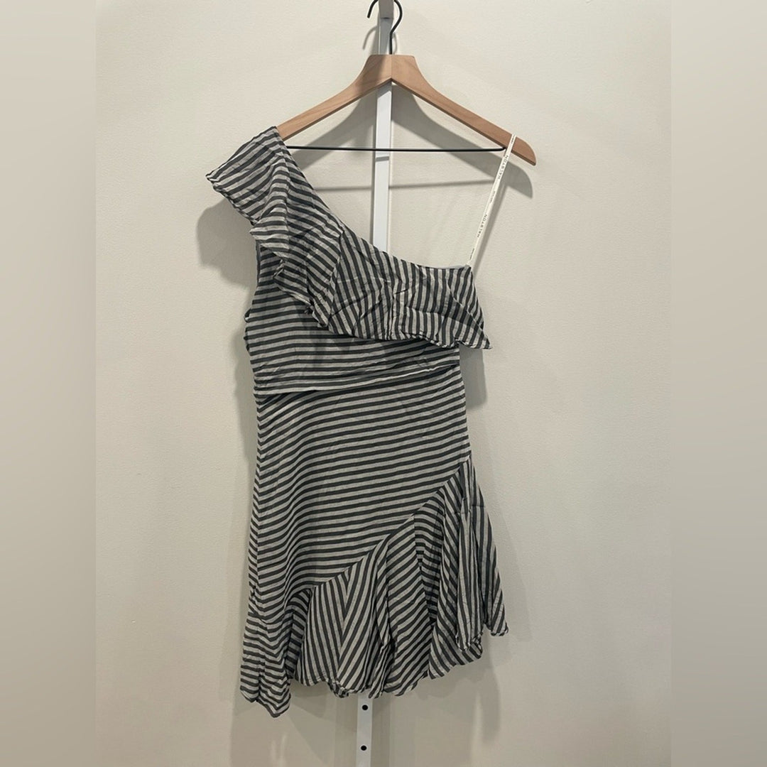 Halston Grey Stripe Ruffle Dress Size 6