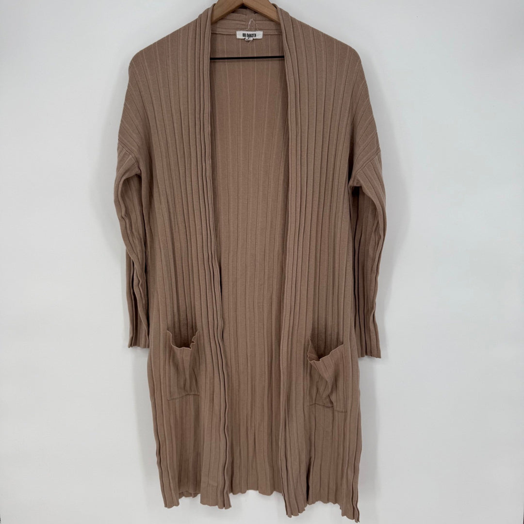 BB Dakota Ribbed Knit Duster Cardigan Tan Brown Open Front Pockets Long Sleeve M